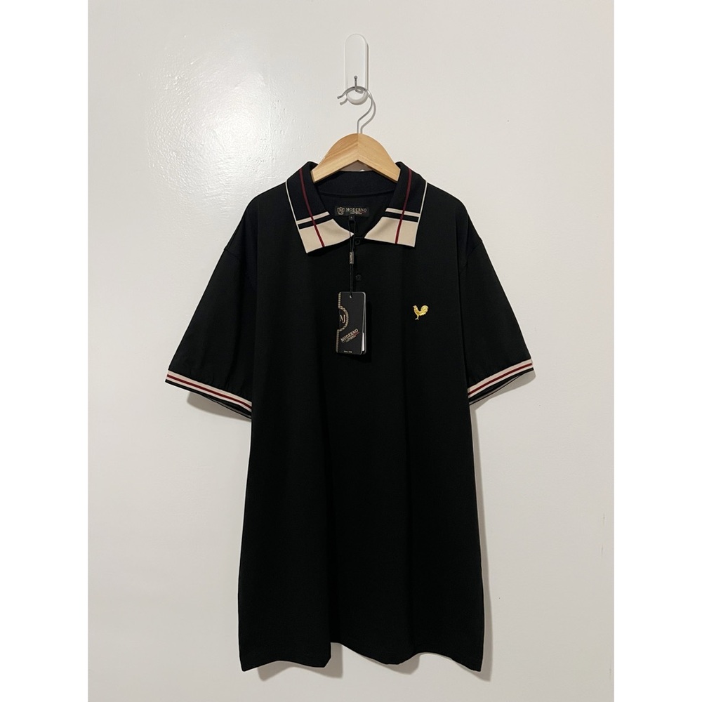 Moderno Mens Black Plaid Collar Polo Shirt Gold Rooster Logo MJP1601 Size L NEW